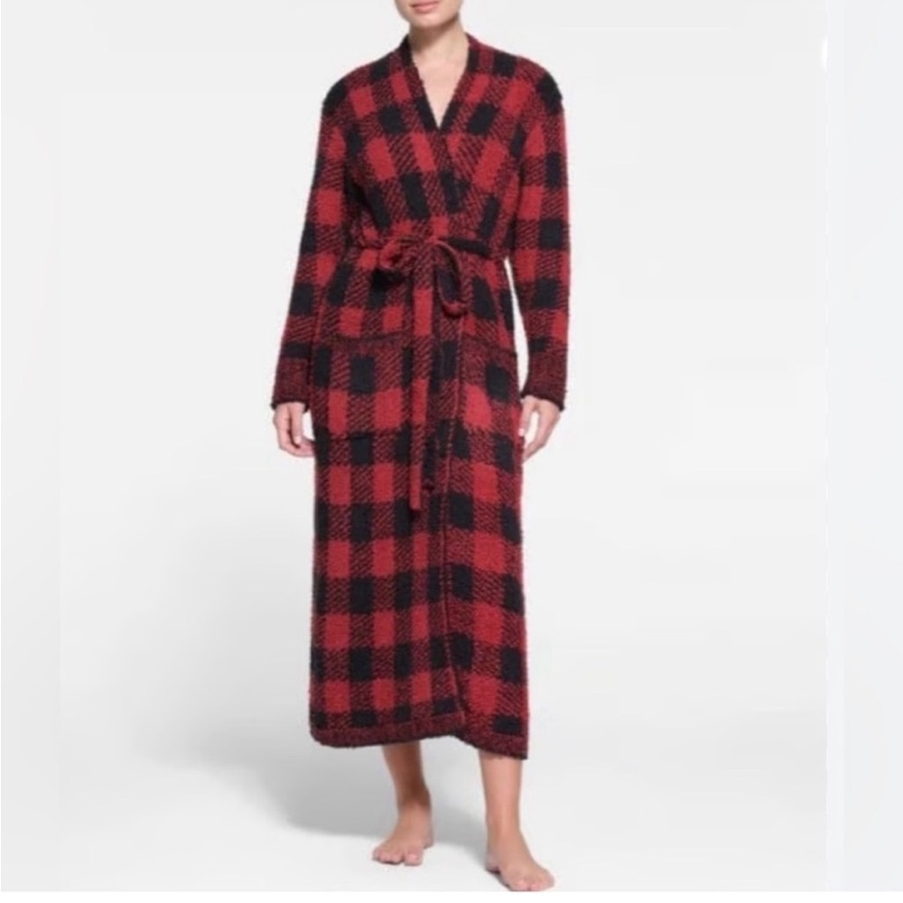 NWT Skims Cozy Knit Unisex Robe in Red/Black Plaid, Size S/M